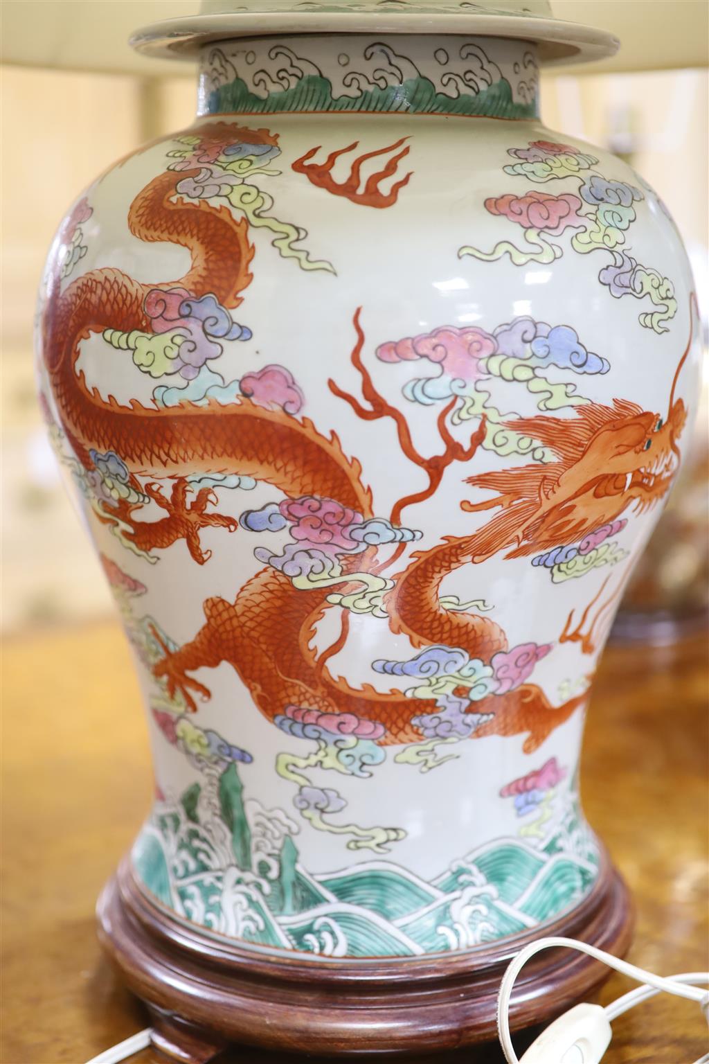 A pair of large Chinese famille rose dragon table lamps